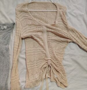 Light Beige Open-Knit Women's Drawstring Sweater